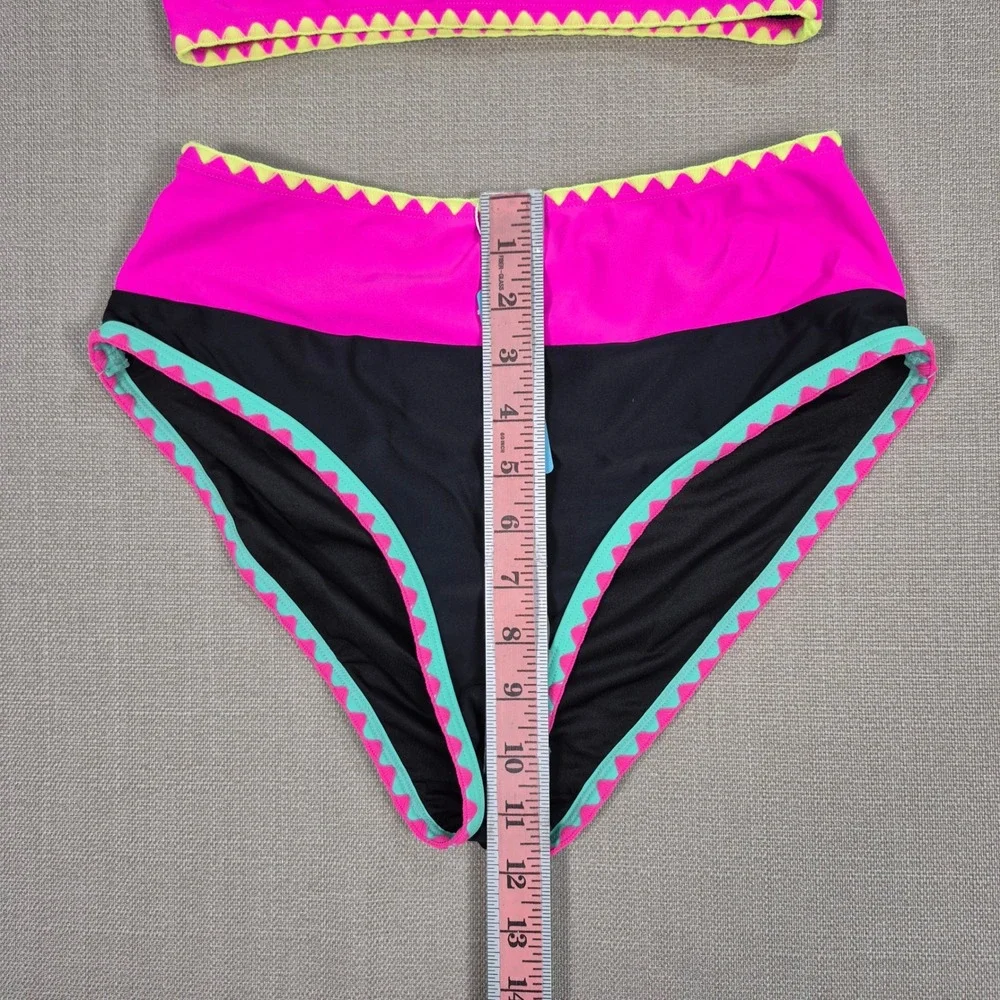 Popvil Womens 3 Piece Bikini Swim Skirt Set Black Pink Colorblock Ric Rac Size S